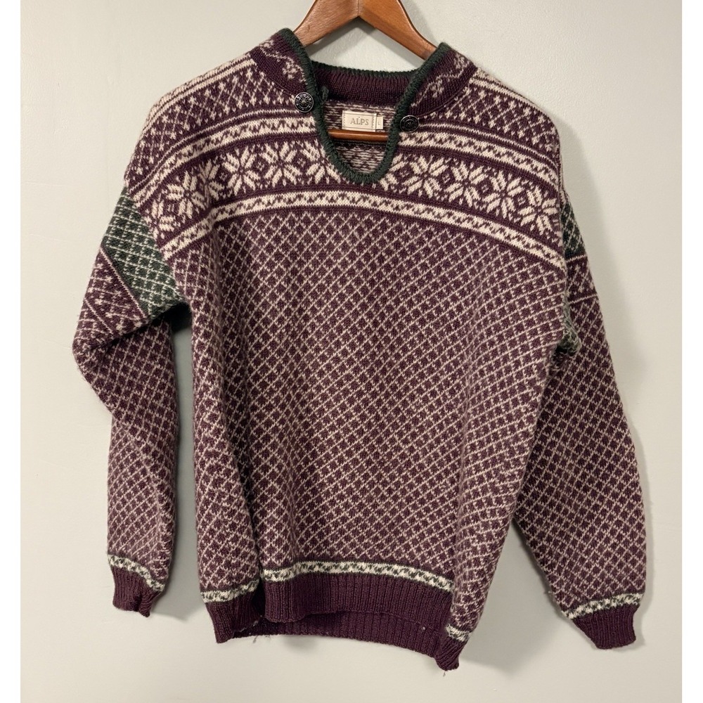 Alps Wool Nordic Fair Isle Print Purple Green Sweater Sz Large